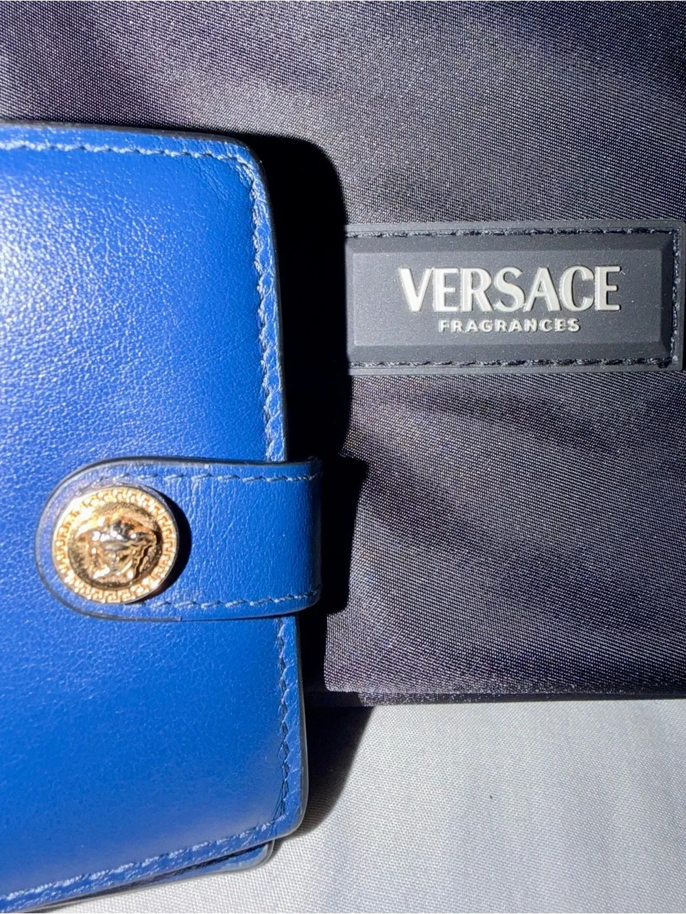 Pre-Loved VERSACE Men’s Blue Wallet + Black Nylon Drawstring Backpack (Unused!)